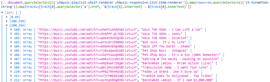 Debug console running on YouTube Music. The output shows an array of 256 items; items 200 through 212 are visible. Each item is an array containing a YouTube Music URL and a string showing the artist and track name separated by a hyphen.