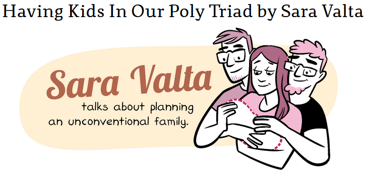 Having Kids In Our Poly Triad by Sara Valta title showing picture of two men and a woman hugging the outline of a baby