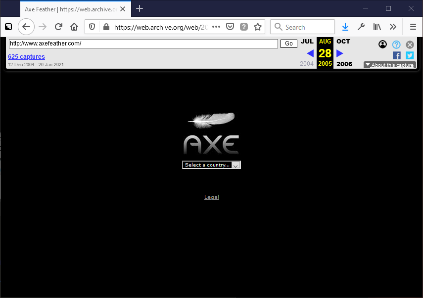 Axe Feather logo visible via Archive.org, circa August 2005, in a Firefox browser window.