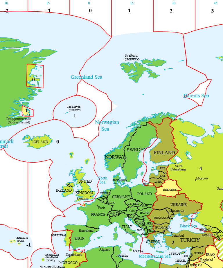 Map showing timezones of Europe. The UK and Ireland are grouped (along with Iceland) in a zone labelled as being UTC+0.