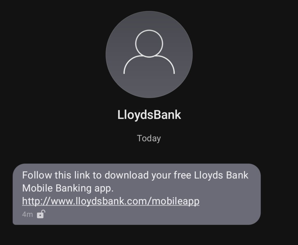 Text message: "Follow this link to download your free Lloyds Bank Mobile Banking app. http://www.lloydsbank.com/mobileapp"