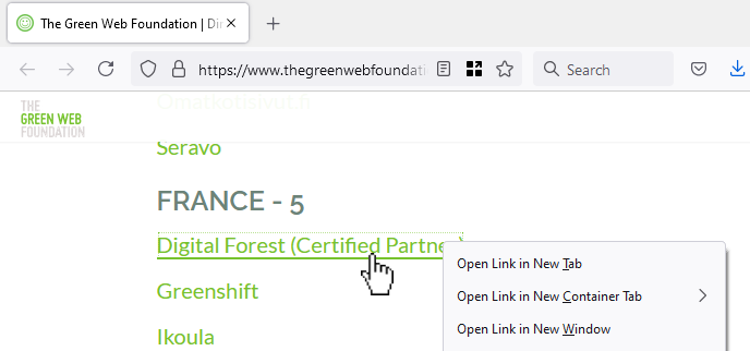 Screenshot showing a hovered hyperlink to "Digital Forest" on a list of green hosting providers in France.