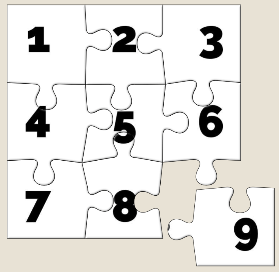 A nine-piece jigsaw puzzle with the pieces numbered 1 through 9; only the ninth piece is detached.