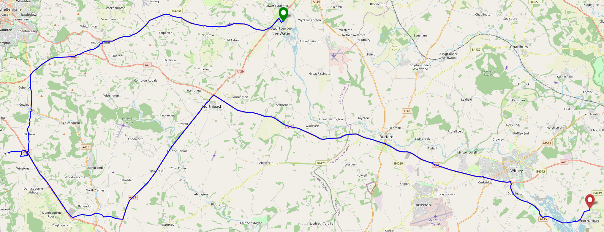 Map showing route from Bourton-on-the-Water to Stanton Harcourt via the 2021-12-22 51 -2 hashpoint.