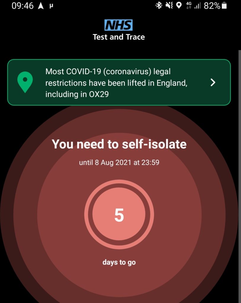 Screenshot from the NHS Covid App: "You need to self-isolate."