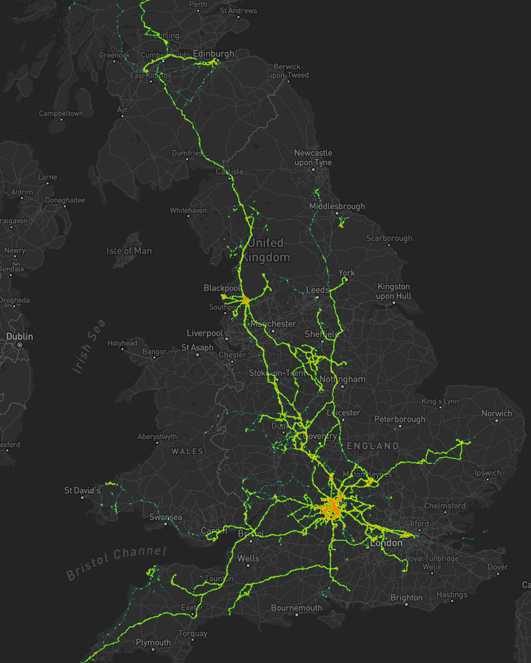 Heatmap showing Dan's movements around Great Britain for the last 10 years: with a focus on Oxford, tendrils stretch to hotspots in South Wales, London, Cambridge, York, Birmingham, Preston, Glasgow, Edinburgh, and beyond.