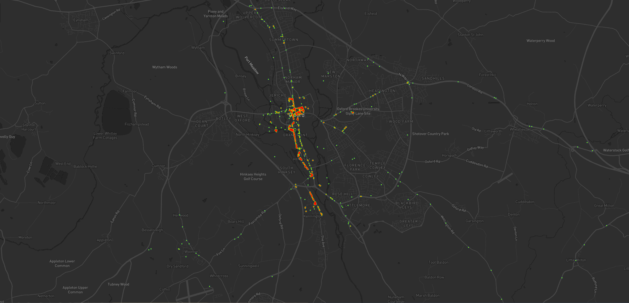 Heatmap showing Dan's movements around Oxford during the period he lived in Kennington. Again, it's dominated by time at home, in the city centre, and commuting between the two.