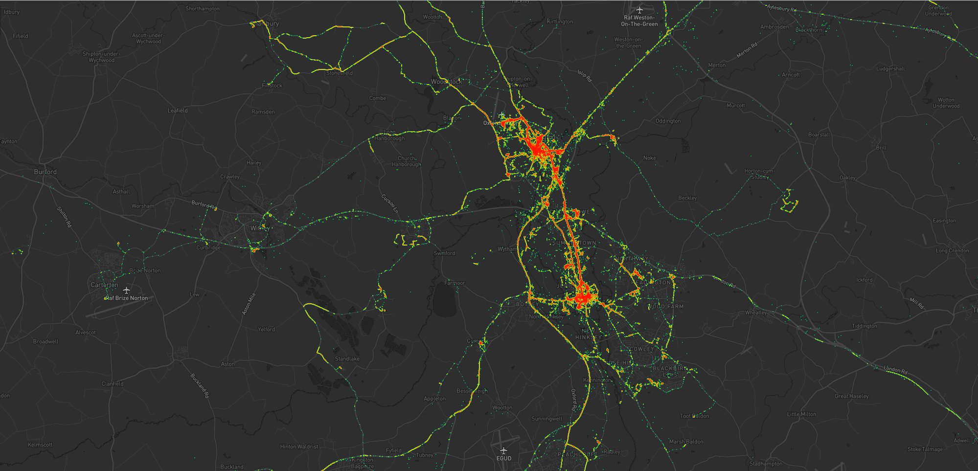 Heatmap showing Dan's movements around Kidlington, including a lot of time in the village and in Oxford City Centre, as well as hotspots at the hospital, parks, swimming pools, and places that Dan used to volunteer. Individual expeditions can also be identified.