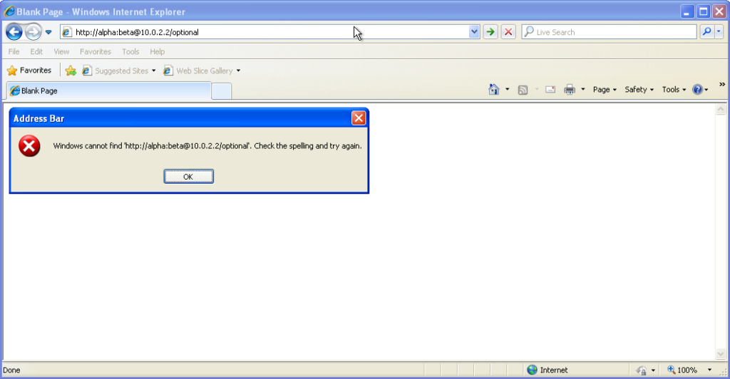 Internet Explorer 8 showing the error message "Windows cannot find http://alpha:beta@10.0.2.2/optional. Check the spelling and try again."