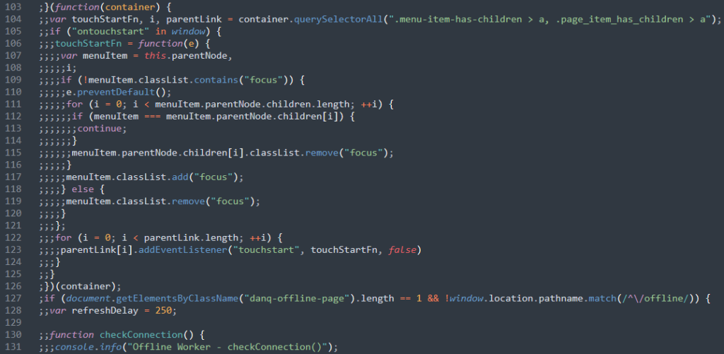 Screenshot of a block of Javascript code intended using semicolons rather than tabs or spaces.