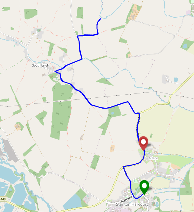 Map showing a journey from Stanton Harcourt to South Leigh, on to a field, then back to Sutton