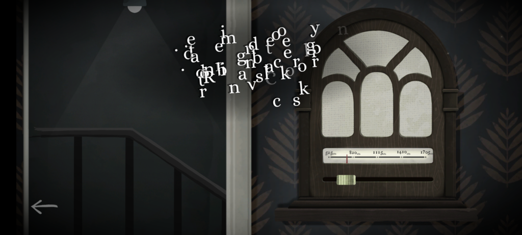 Screenshot from Tick Tock: an old-fashioned wireless radio set produces a scramble of letters in the air.