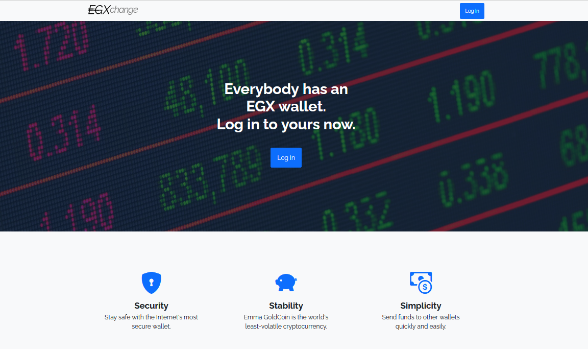 Homepage of EGXchange.org, showing the slogan "Everybody has an EGX wallet. Log in to yours now."