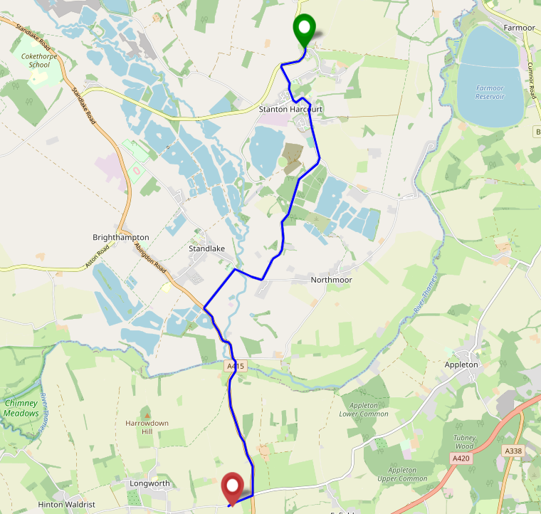 Tracklog showing Dan's journey from Stanton Harcourt to a field North of Kingston Bagpuize.