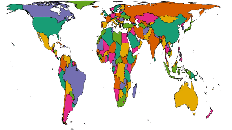 Animation showing countries "actual size" changing to proportional-to-Automattician-presence.