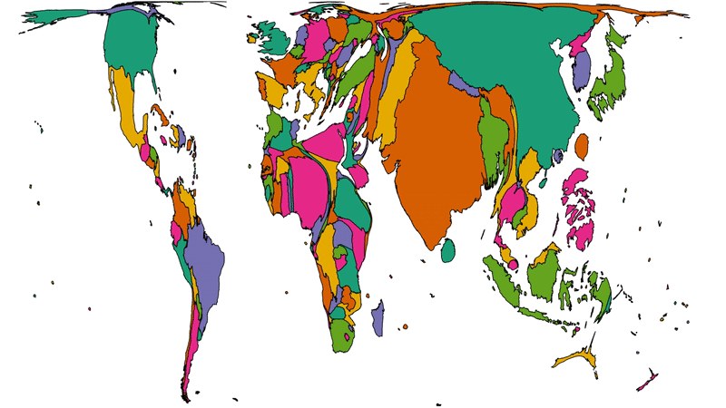 Animation showing countries proportional to population changing to proportional-to-Automattician-presence.
