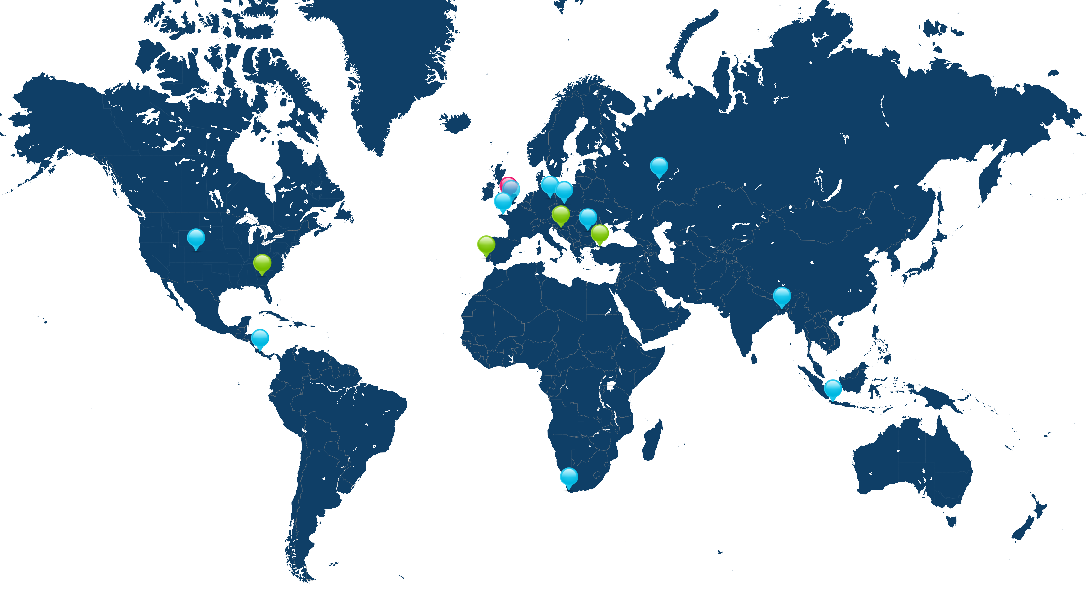 World map showing the locations of Dan, his immediate team, and its parent team. There's a cluster of nine pins Europe, a few pins further East in Russia and Indonesia, one in Cape Town, two in North America, and one in Central America.