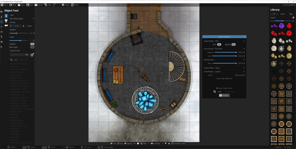 Screenshot showing Dungeondraft being used to edit a circular tower. The Export window is visible.