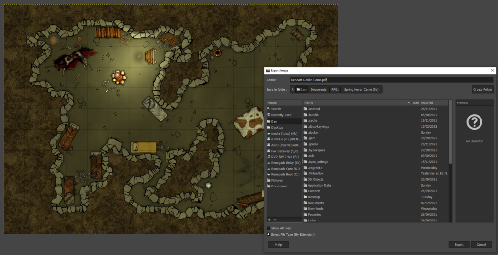 Screenshot showing a cavern map in Gimp, with the Export Image dialog open and PDF selected as the output format.