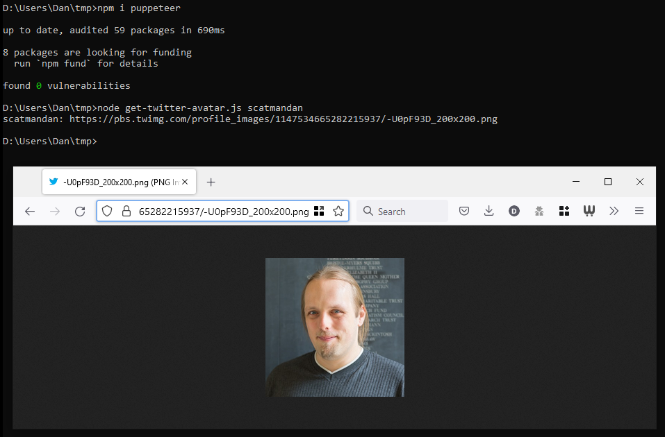 Screenshot showing Windows command prompt, running 'npm i puppeteer' to install Puppeteer, then 'node get-twitter-avatar.js scatmandan' to get the URL of Dan's Twitter avatar, then a Firefox window showing the result.