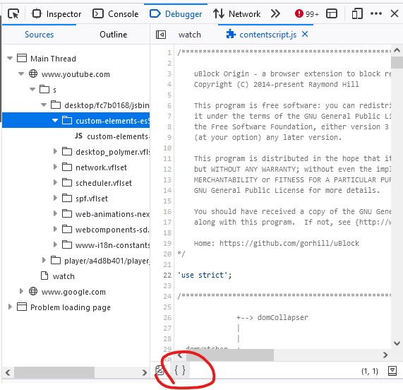 Screenshot showing Firefox's 'JavaScript Pretty Print' button below the Debugger code display