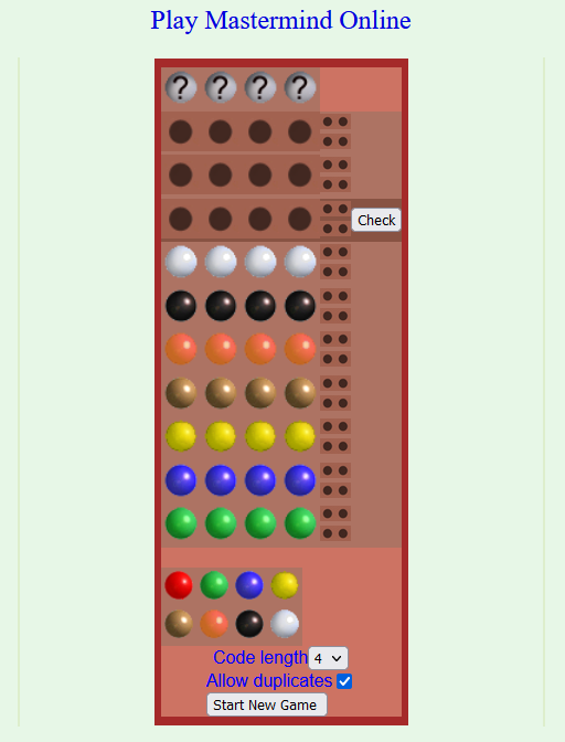 Screenshot showing Mastermind game from WebGamesOnline.com. Seven guesses have been made, each using only one colour for each of the four pegs, and no guesses are corect; only red pegs have never been guessed.