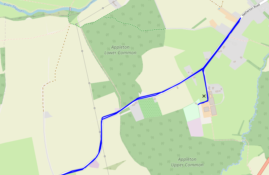 Map showing a line heading into Appleton from the South-West, diverting up the lane towards the Sports Field, and then turning back and leaving by the same route. A cross marks the hashpoint, in a field just off to the side of the route.
