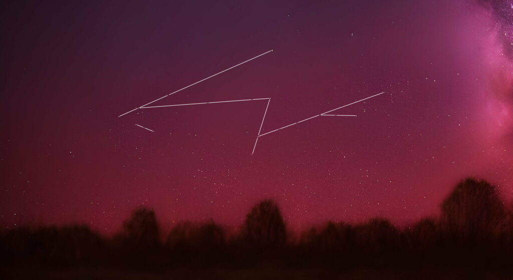 A deep red sky over the silhouette of a treeline, with stars beginning to appear. Six crisscrossing straight lines each connect three to five stars in a row, giving the illusion that their location is not random.