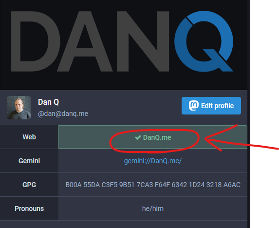 Screenshot showing @dan@danq.me's Mastodon account as the verified owner of website DanQ.me.