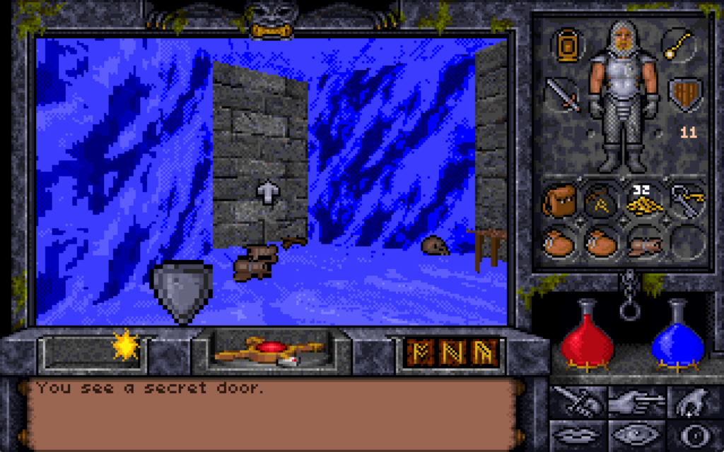 Looking at a blank patch of wall in a frozen room, the player is told "You see a secret door."