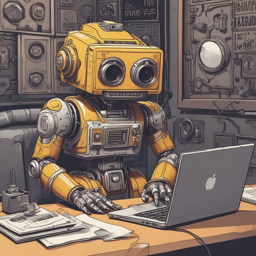 AI-generated image of a boxy yellow humanoid robot sitting at a Macbook, typing.