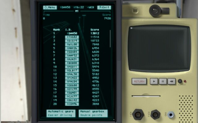 ARCC system showing a high score table for M1, with DAN50 (score 13012) at the top.