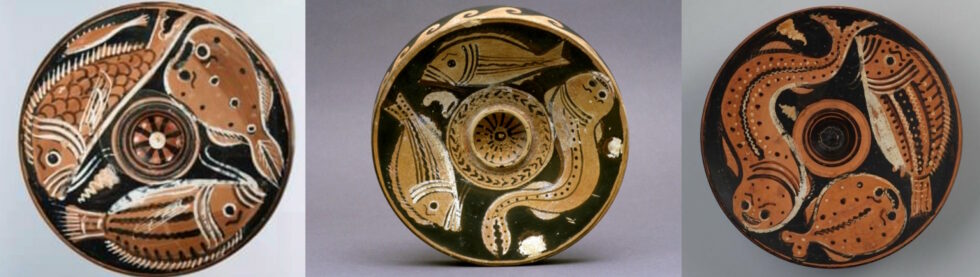 Collage of three Hellenic plates decorated with fish. The fish all have strange-looking eyebrows!