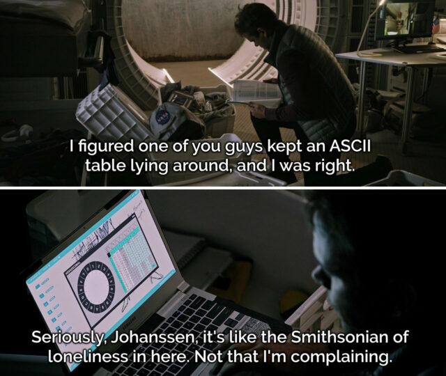 Frames from the scene in The Martian where Mark Watney discovers Beth Johanssen's ASCII table.