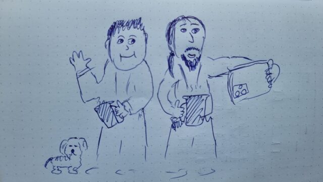 Badly drawn pen sketch of Dan, a man with a goatee, taking a selfie of himself and a round-cheeked man with a dog, while the pair drink hot drinks.