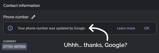 Screenshot from Google Business Profile, with my phone number and the message 'Your phone number was updated by Google.'.