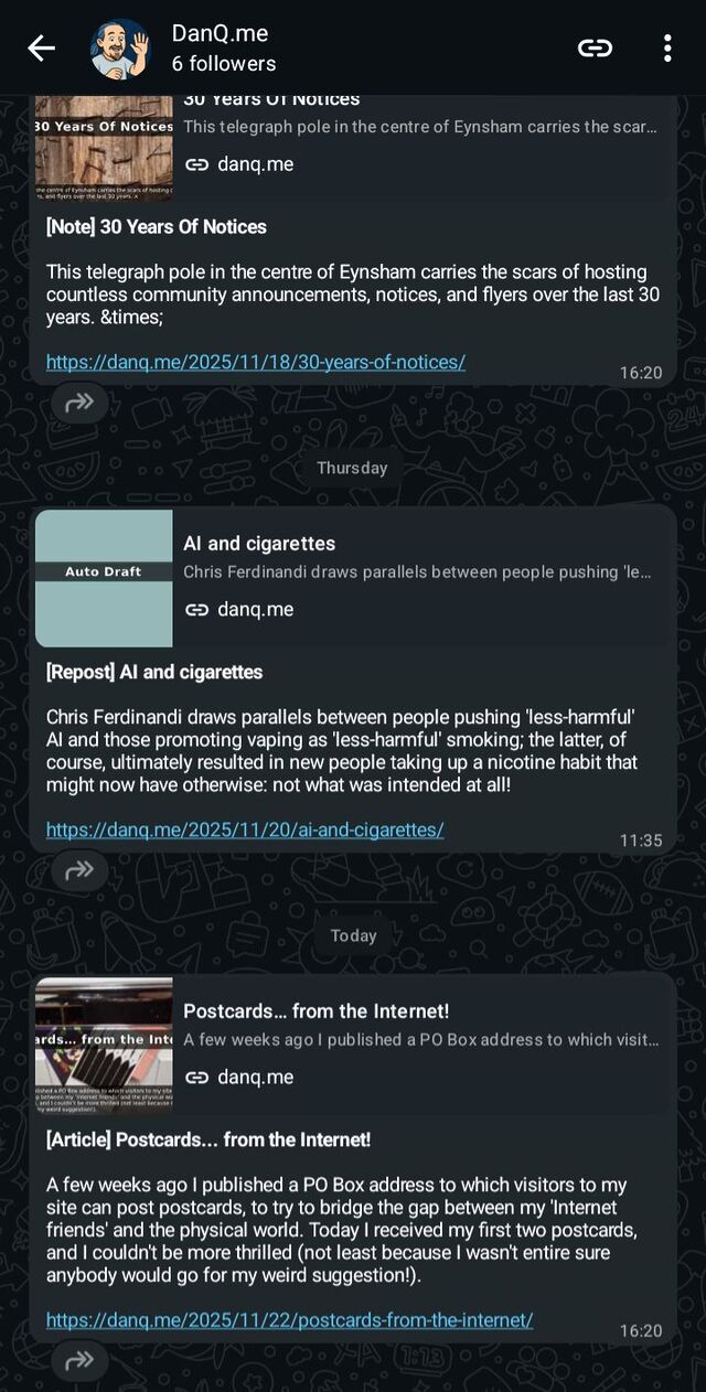 A WhatsApp 'Subscription Channel'/'Newsletter' group for DanQ.me, showing some recent posts, on a mobile screen.