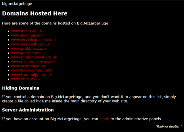 Screenshot of a web page listing domain names hosted on big.mclargehuge.
