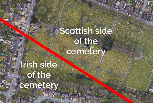 Aerial photography of Cannock Cemetery, bisected with a thick red line.