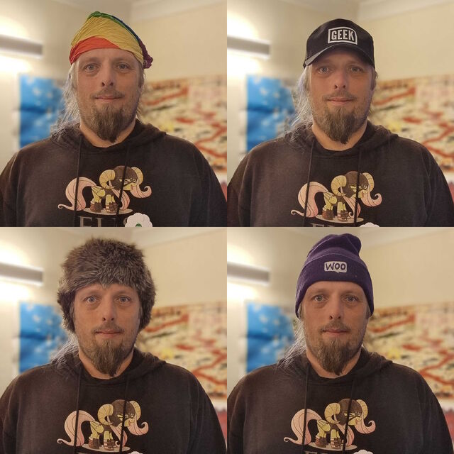 Composite of four images of Dan, a white man with long hair and a beard. He's wearing a hoodie with a picture of Fluttershy (from My Little Pony: Friendship is Magic) wearing the iconic armour from the Elder Scrolls: Skyrim video game. In each of the four pictures he's wearing a different hat: a rainbow-striped bandana, a  blackcap with the word 'GEEK' on the front in white lettering, a warm furry hat, and a purple woolen hat with a "Woo" logo.