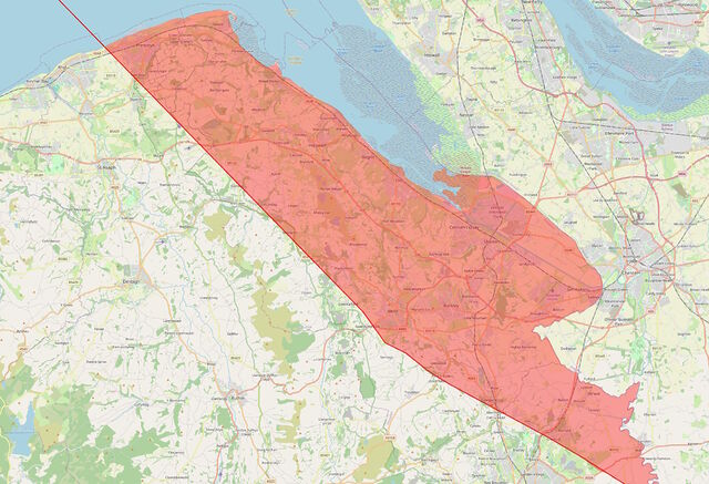 Highlighted fragment of Wales along the West bank of the River Dee and stretching about 10-12km inland.