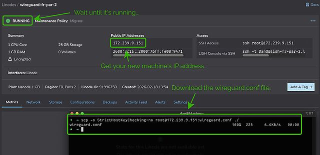 Screenshot of Linode's Web interface showing a running VM, overlaid with a terminal using SCP to download wireguard.conf from it.