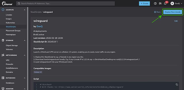 Screenshot from Linode's Web interface, showing my StackScript and indicating the location of the Deploy New Linode button.