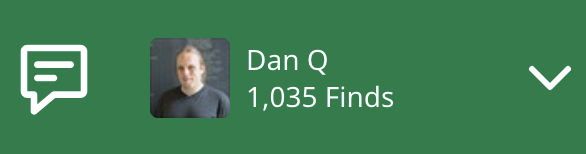 User information area from the top of a website, showing Dan Q with no incoming messages and, crucially," 1,035 finds".