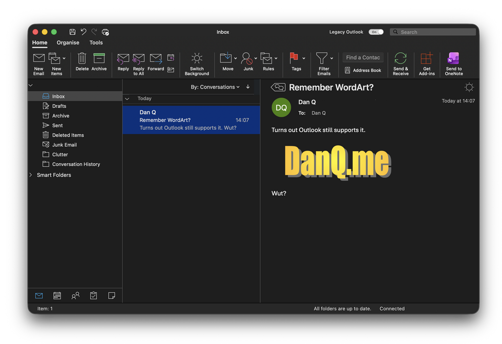 Screenshot of Outlook on MacOS showing WordArt of the words 'DanQ.me' in an email.